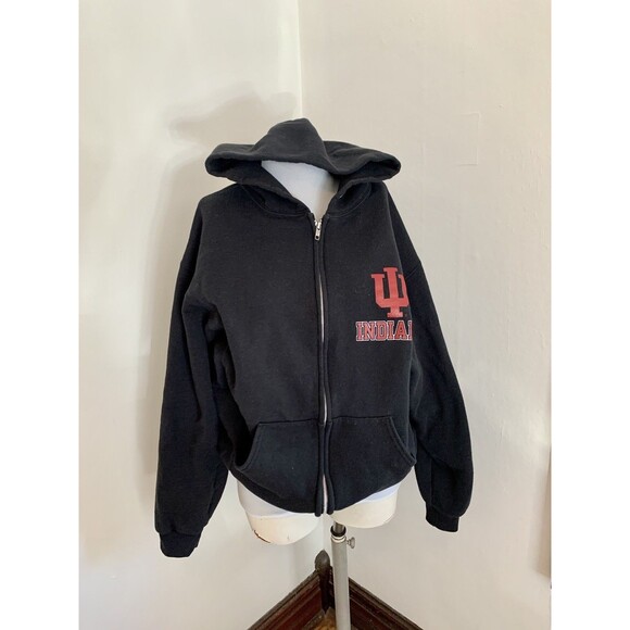 VTG 2000s y2k Russell Indiana Univ IU Hoosier Sweatshirt Hoodie Blk Zip Cotton l - Picture 5 of 16